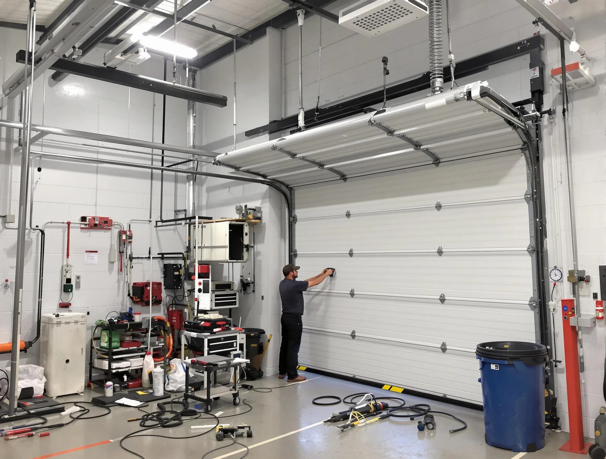 Newark Garage Door Repair certified technician performing commercial door repair at a Newark business facility