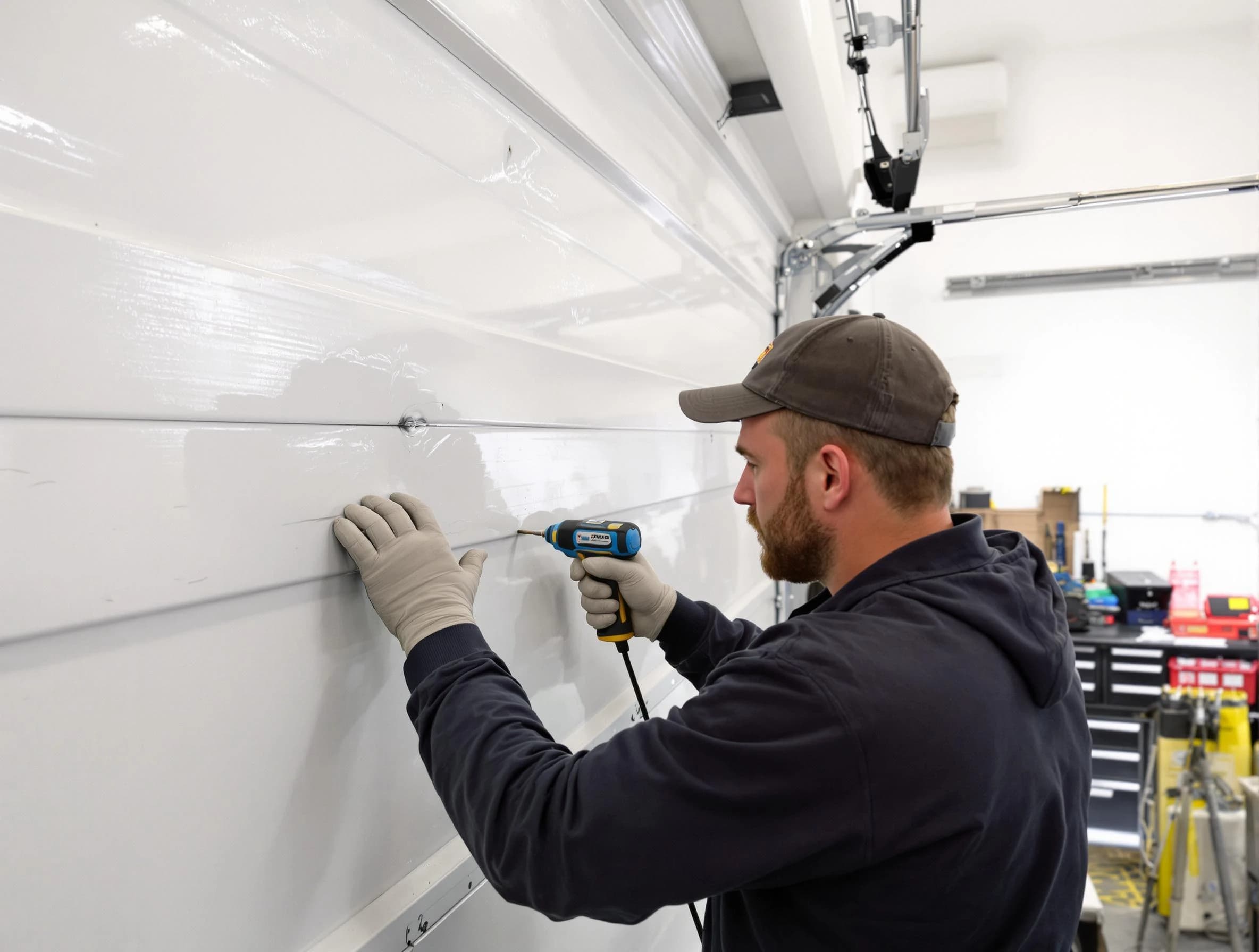 Newark Garage Door Repair technician demonstrating precision dent removal techniques on a Newark garage door