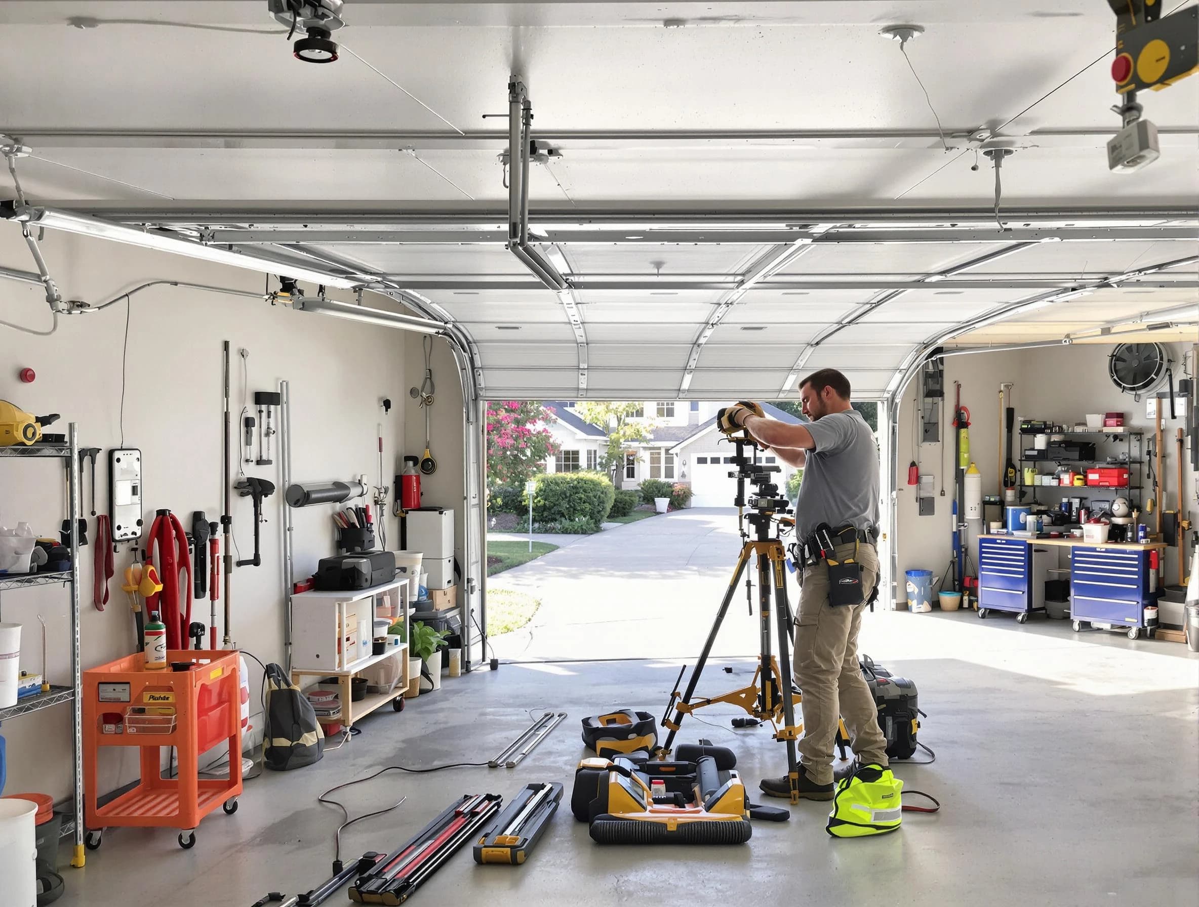 Newark Garage Door Repair specialist performing laser-guided track alignment in Newark